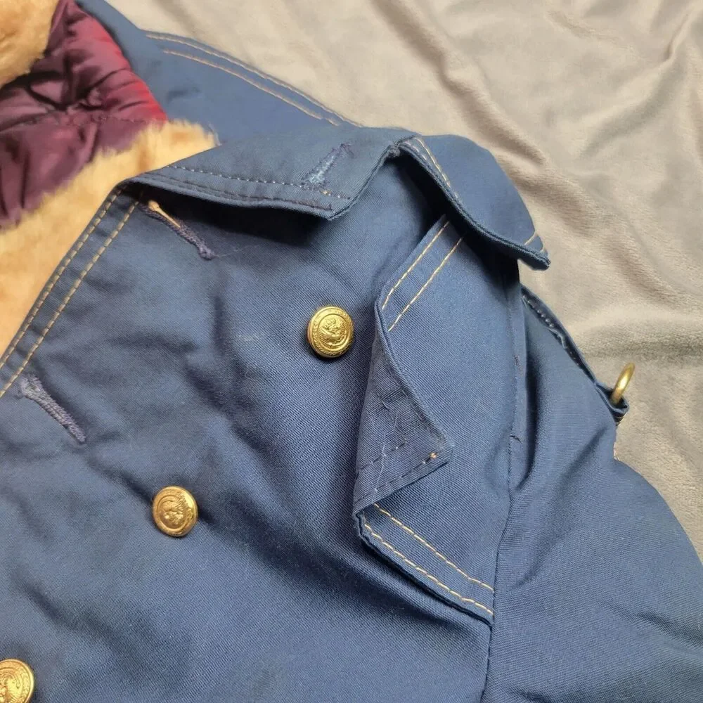 Vintage Navy Blue Kids Peacoat With Faux Fur Lining By Cute Togs Double-Breasted